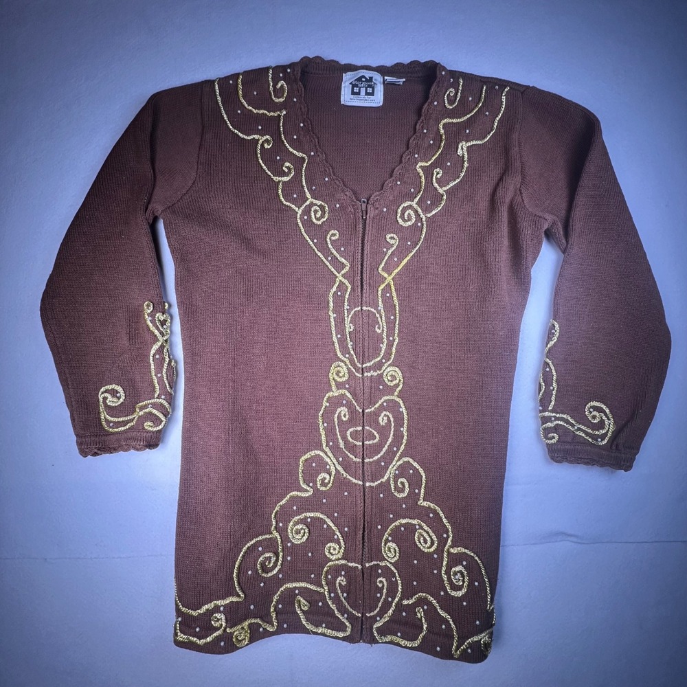 Storybook Knits Brown Gold Soutache Pearl Zip Front Cardigan Sweater Mens M